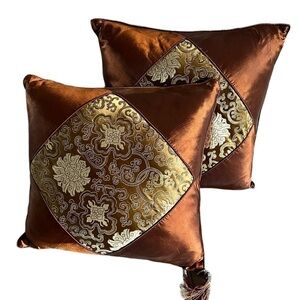 Decorative Cushions - Set of Two - Brown/Golden Silk.